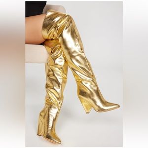 Fashion Nova Gold Metallic Thigh High Boots (Size 6.5)